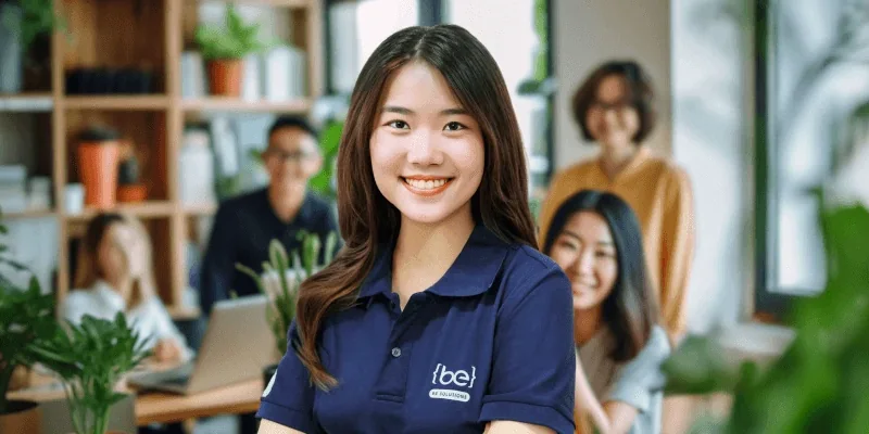A smiling BeyondEdge team member in a {be} polo, colleagues working behind her