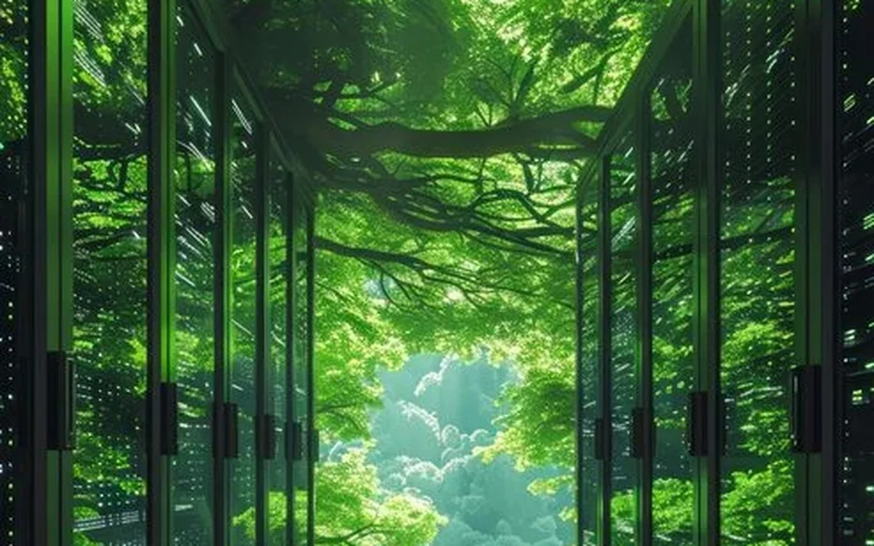 A data-centre aisle of server racks opening onto a green tree canopy