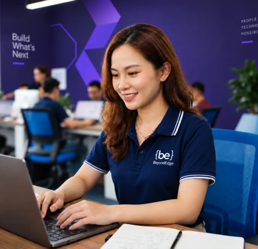 A BeyondEdge analyst working on her laptop in the office