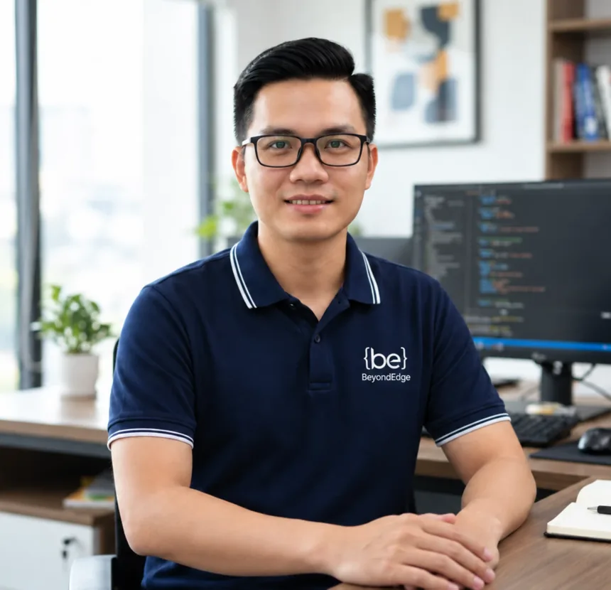A BeyondEdge engineer at his desk, with code on the screen behind him