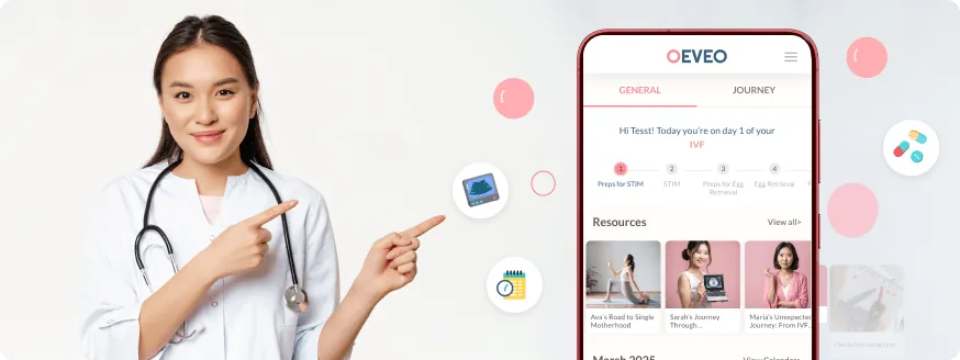 A doctor pointing to the EVEO fertility app open on a phone
