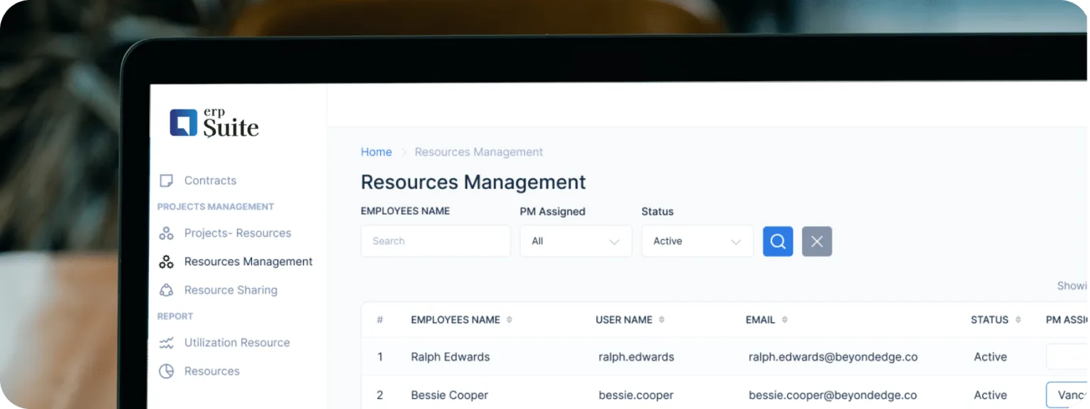 ERP Suite resource management screen listing employees and their status