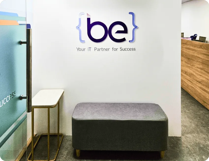 Reception area with the BeyondEdge logo wall
